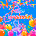 A vibrant animated GIF with 'Feliz Cumpleaños Trigg' written in colorful script, surrounded by balloons, confetti, and bunting on a bright blue background.