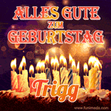 An animated GIF featuring 'Alles Gute Zum Geburtstag Trigg' in glowing red and gold letters above a cake with colorful lit candles, set against a festive sparkling background.