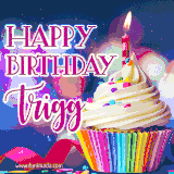 A festive animated GIF featuring a colorful cupcake with a single lit candle, sprinkles, and 'Happy Birthday Trigg' text against a sparkling, celebratory background.