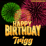 A captivating GIF with bursts of green, pink, and orange fireworks lighting up the night sky, accompanied by 'Happy Birthday Trigg' in glowing golden text.