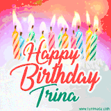 Bright birthday candles with rainbow flames on a cake, alongside the text 'Happy Birthday Trina' in vibrant script in this celebratory animated GIF.