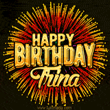 Golden 'Happy Birthday Trina' text accompanied by animated rainbow fireworks for a festive animated greeting.