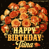 Animated bouquet of orange roses with moving butterfles and golden 'Happy Birthday Trina' text, surrounded by sparkling accents and a dark backdrop for a luxurious feel.