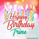 Bright birthday candles with rainbow flames on a cake, alongside the text 'Happy Birthday Trine' in vibrant script in this celebratory animated GIF.