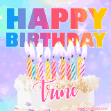 A vibrant animated name GIF with the words 'Happy Birthday Trine' with colorful candles on a creamy cake. The background sparkles with pastel shades, adding a festive touch.
