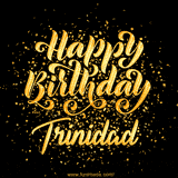 Animated GIF with colorful, festive 'Happy Birthday Trinidad' text decorated with patterns, a party hat, and falling confetti. A vibrant and cheerful design for birthday celebrations.