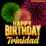 A captivating GIF with bursts of green, pink, and orange fireworks lighting up the night sky, accompanied by 'Happy Birthday Trinidad' in glowing golden text.