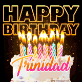A vibrant animated GIF featuring a delicious birthday cake topped with glowing candles and the name 'Trinidad' in elegant script, and the words 'Happy Birthday' on the black background.