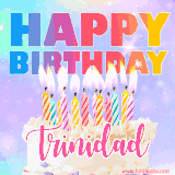 A vibrant animated name GIF with the words 'Happy Birthday Trinidad' with colorful candles on a creamy cake. The background sparkles with pastel shades, adding a festive touch.