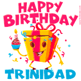 A vibrant and funny gift box character with a happy face dancing with a cupcake and the text 'Happy Birthday Trinidad,' surrounded by animated confetti and party vibes.