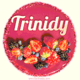 Beautifully decorated red velvet berry birthday cake with vibrant fruits and a glowing 'Trinidy' name, adding a touch of sweetness and sparkle.