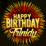Golden 'Happy Birthday Trinidy' text accompanied by animated rainbow fireworks for a festive animated greeting.