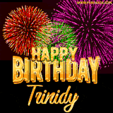 A golden 'Happy Birthday Trinidy' message with vibrant fireworks in the background, creating a festive and celebratory vibe in this animated name GIF.