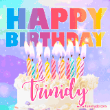 A vibrant animated name GIF with the words 'Happy Birthday Trinidy' with colorful candles on a creamy cake. The background sparkles with pastel shades, adding a festive touch.