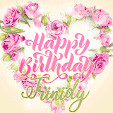 A stunning heart made of pink roses surrounds the elegant script text 'Happy Birthday Trinidy' on a soft beige background. Animated sparkles add a magical and festive feel.