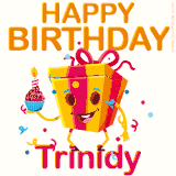 A vibrant and funny gift box character with a happy face dancing with a cupcake and the text 'Happy Birthday Trinidy,' surrounded by animated confetti and party vibes.