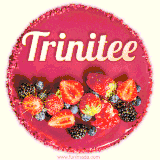 Beautifully decorated red velvet berry birthday cake with vibrant fruits and a glowing 'Trinitee' name, adding a touch of sweetness and sparkle.