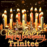 A glowing personalized birthday GIF with name Trinitee featuring lit candles with intricate designs, warm lighting, and the text 'Happy Birthday' in an elegant font.