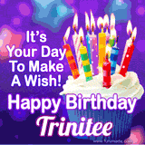 A colorful birthday GIF for Trinitee featuring a cupcake with vibrant lit candles and the text 'It's Your Day to Make a Wish! Happy Birthday Trinitee' in bold letters on a festive purple background.