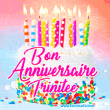 A white birthday cake covered in colorful sprinkles, topped with bright candles, and French text 'Bon Anniversaire Trinitee' on a pastel gradient background in an animated GIF.