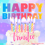 A vibrant animated name GIF with the words 'Happy Birthday Trinitee' with colorful candles on a creamy cake. The background sparkles with pastel shades, adding a festive touch.