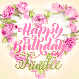 A stunning heart made of pink roses surrounds the elegant script text 'Happy Birthday Trinitee' on a soft beige background. Animated sparkles add a magical and festive feel.