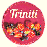 Beautifully decorated red velvet berry birthday cake with vibrant fruits and a glowing 'Triniti' name, adding a touch of sweetness and sparkle.
