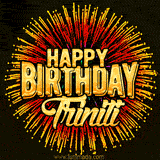 Golden 'Happy Birthday Triniti' text accompanied by animated rainbow fireworks for a festive animated greeting.
