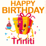 A vibrant and funny gift box character with a happy face dancing with a cupcake and the text 'Happy Birthday Triniti,' surrounded by animated confetti and party vibes.