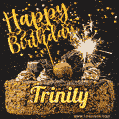 Celebrate Trinity's birthday with a GIF featuring chocolate cake, a lit sparkler, and golden stars