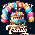 Hand-drawn happy birthday cake adorned with an arch of colorful balloons - name GIF for Trinity