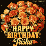 Animated bouquet of orange roses with moving butterfles and golden 'Happy Birthday Trisha' text, surrounded by sparkling accents and a dark backdrop for a luxurious feel.
