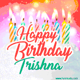 Bright birthday candles with rainbow flames on a cake, alongside the text 'Happy Birthday Trishna' in vibrant script in this celebratory animated GIF.