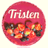 Beautifully decorated red velvet berry birthday cake with vibrant fruits and a glowing 'Tristen' name, adding a touch of sweetness and sparkle.