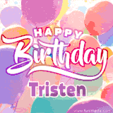 A vibrant name GIF featuring colorful balloons in shades of pink, orange, and yellow with the bold text 'Happy Birthday Tristen' in festive fonts, creating a lively birthday vibe.