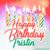 Bright birthday candles with rainbow flames on a cake, alongside the text 'Happy Birthday Tristin' in vibrant script in this celebratory animated GIF.