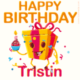 A vibrant and funny gift box character with a happy face dancing with a cupcake and the text 'Happy Birthday Tristin,' surrounded by animated confetti and party vibes.