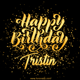 Animated GIF with colorful, festive 'Happy Birthday Tristin' text decorated with patterns, a party hat, and falling confetti. A vibrant and cheerful design for birthday celebrations.