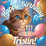 A playful tabby cat sits behind a colorful birthday cake surrounded by balloons and confetti, with 'Happy Birthday Tristin!' written above in festive letters.