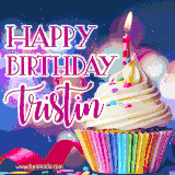 A festive animated GIF featuring a colorful cupcake with a single lit candle, sprinkles, and 'Happy Birthday Tristin' text against a sparkling, celebratory background.