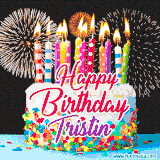 A lively happy birthday animated GIF showcasing a colorful birthday cake covered in sprinkles, topped with glowing candles, and surrounded by vibrant fireworks. The name 'Tristin' is featured in elegant script.