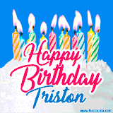 A cheerful animated GIF featuring colorful lit birthday candles on a white cake, with the text 'Happy Birthday Triston' in bold red and blue script on a bright blue background.