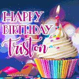 A festive animated GIF featuring a colorful cupcake with a single lit candle, sprinkles, and 'Happy Birthday Triston' text against a sparkling, celebratory background.