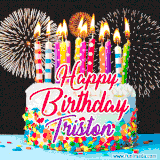 A lively happy birthday animated GIF showcasing a colorful birthday cake covered in sprinkles, topped with glowing candles, and surrounded by vibrant fireworks. The name 'Triston' is featured in elegant script.
