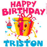 A funny animated birthday GIF with the words 'Happy Birthday Tristona', colorful gift box with arms and legs, holding a cupcake with a lit candle  with confetti everywhere.