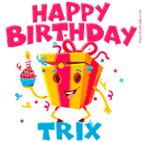 A vibrant and funny gift box character with a happy face dancing with a cupcake and the text 'Happy Birthday Trix,' surrounded by animated confetti and party vibes.