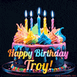 A vibrant animated GIF featuring a colorful rotating birthday cake with bright frosting swirls, glowing candles, and the text 'Happy Birthday Troy!' in rainbow colors.