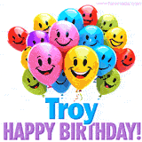 An animated birthday-themed name GIF with colorful smiling balloons and bold 'Troy, Happy Birthday!' text for a celebratory touch.