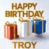 High definition animated birthday greeting for Troy showcasing vibrant red, white, and blue gift packages jumping alongside elegant gold lettering