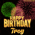 Wishing You A Happy Birthday, Troy! Best fireworks GIF animated greeting card.